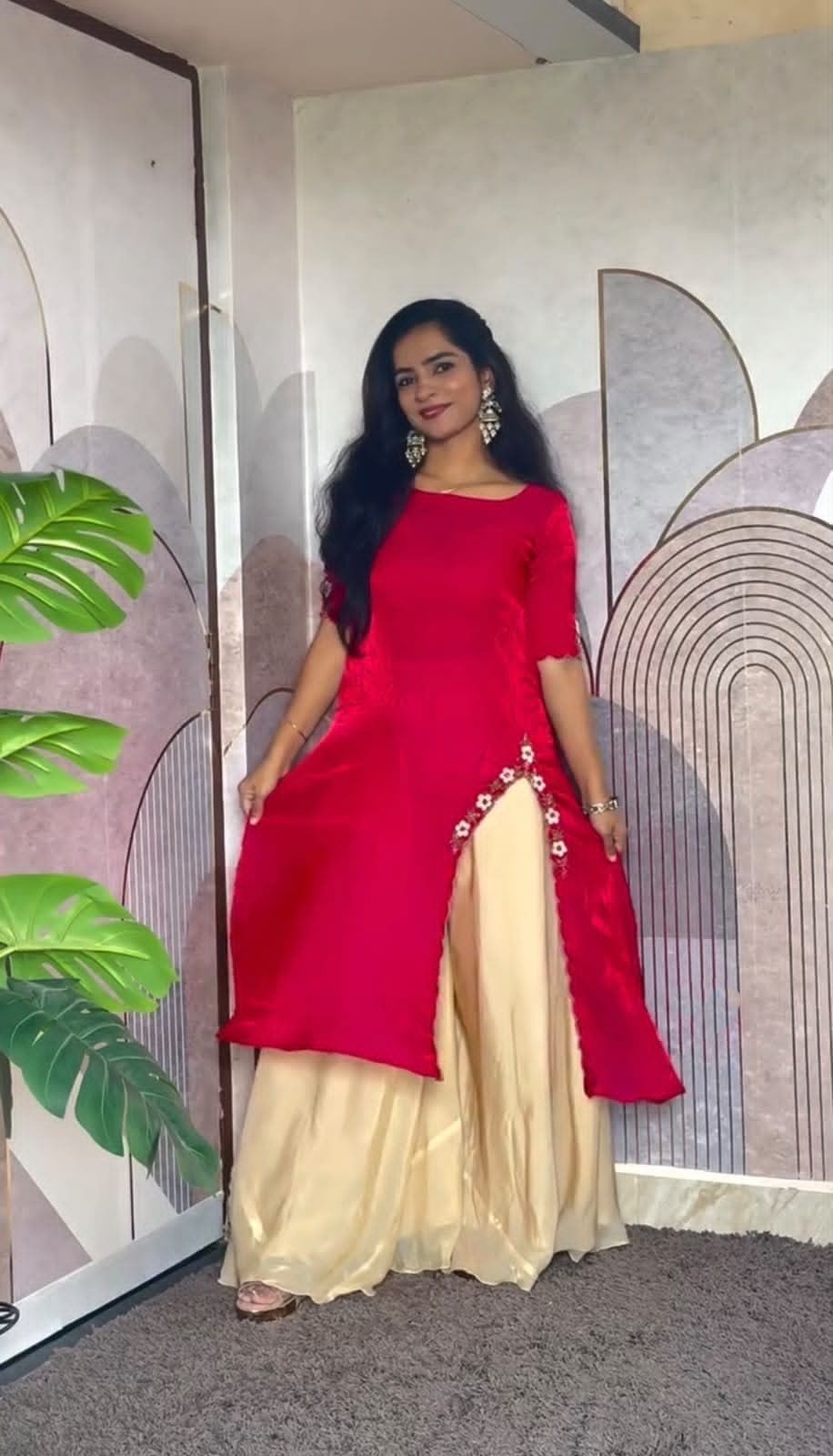 Red Full Stitched Maggam Work Kurti with Cream Palazzo
